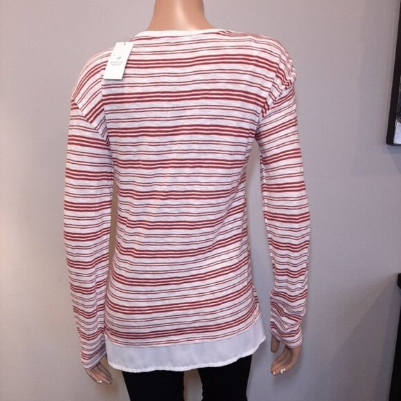 3/$20 Denver Hayes Striped Knit Top Faux Layered Hem Cotton Burgundy White - Picture 6 of 13